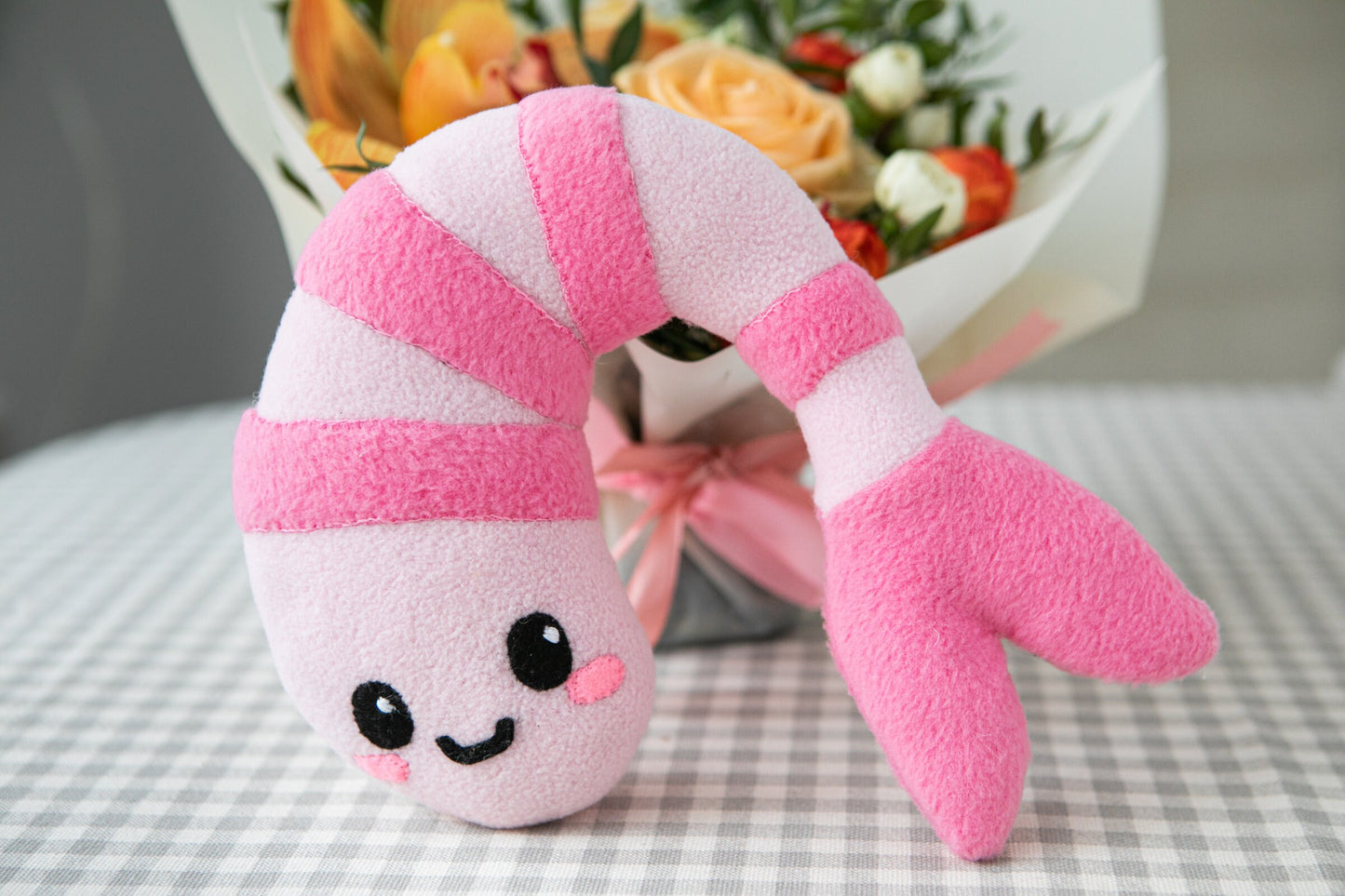 Kawaii Shrimp plush, Prawn kawaii plushie, handmade soft decoration, 11 in